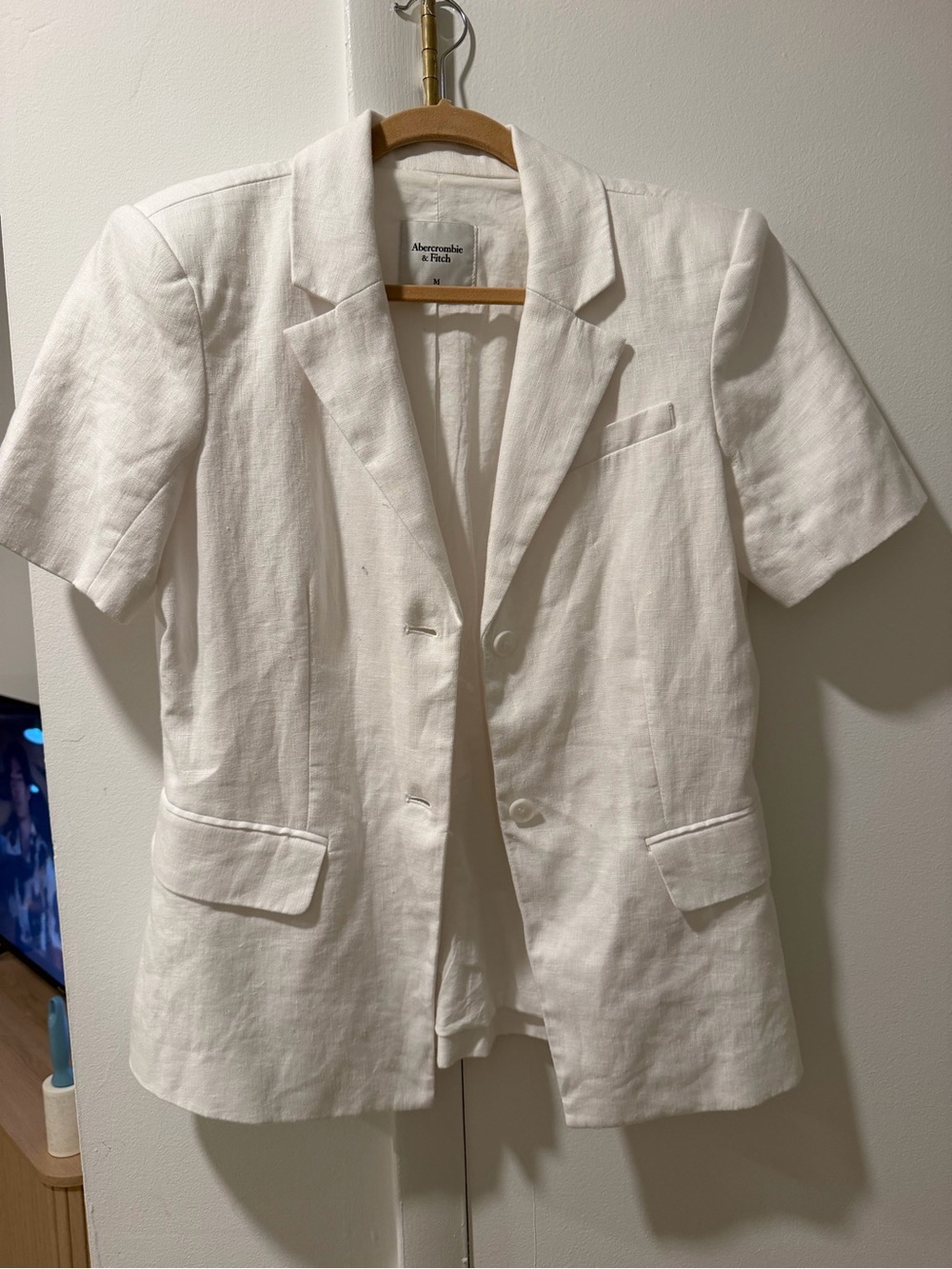 Abercrombie & Fitch White Short-Sleeve Linen Blazer Jacket
